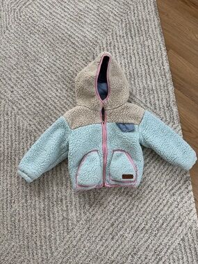 Cozy Sherpa Hooded Jacket in Light Blue & Beige with Pink Trim